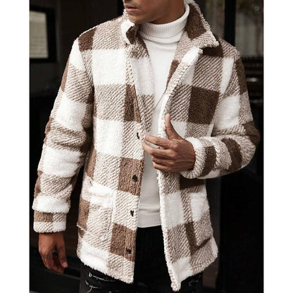 Men's Plaid Fleece Jacket with Stand Collar - Cozy Winter Outerwear