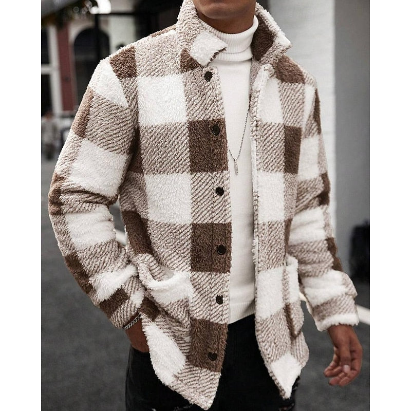 Men's Plaid Fleece Jacket with Stand Collar - Cozy Winter Outerwear