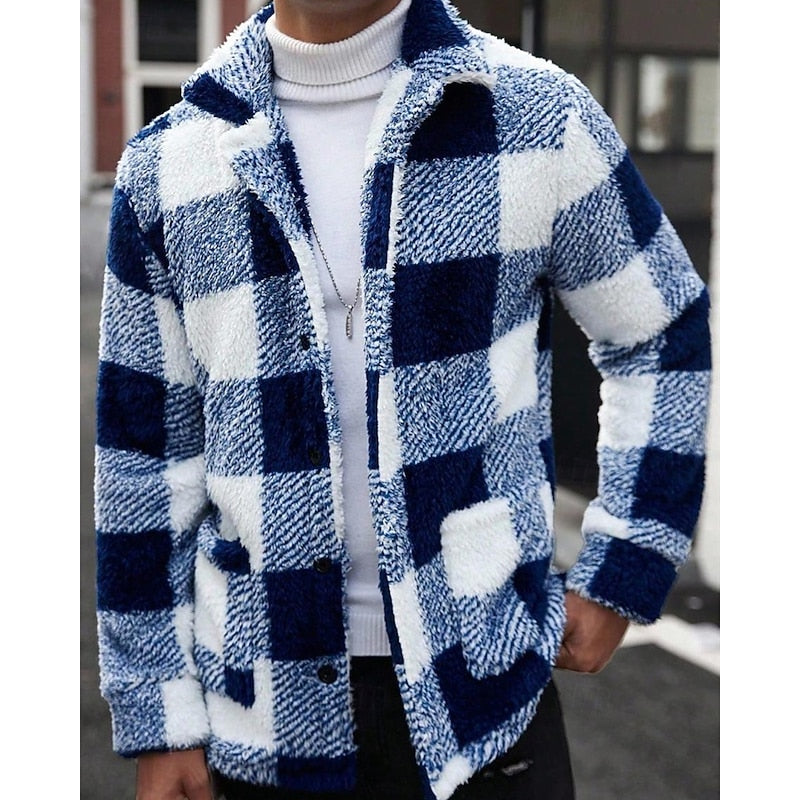 Men's Plaid Fleece Jacket with Stand Collar - Cozy Winter Outerwear Blue