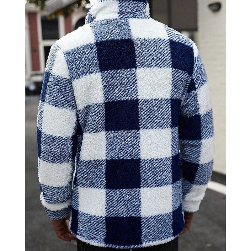 Men's Plaid Fleece Jacket with Stand Collar - Cozy Winter Outerwear