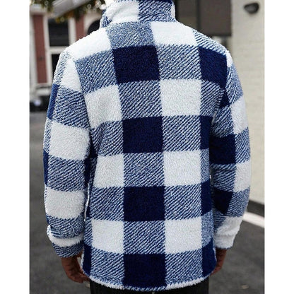Men's Plaid Fleece Jacket with Stand Collar - Cozy Winter Outerwear