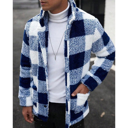 Men's Plaid Fleece Jacket with Stand Collar - Cozy Winter Outerwear