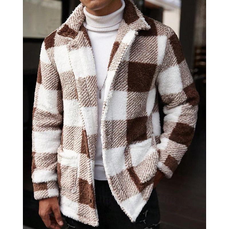 Men's Plaid Fleece Jacket with Stand Collar - Cozy Winter Outerwear Khaki
