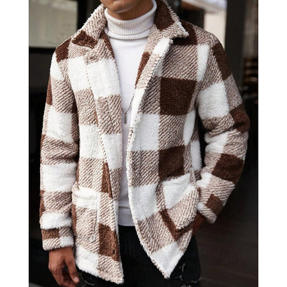 Men's Plaid Fleece Jacket with Stand Collar - Cozy Winter Outerwear Khaki