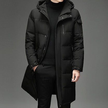 Men's Hooded Long Puffer Coat Winter Parka Zip-Up Jacket Black