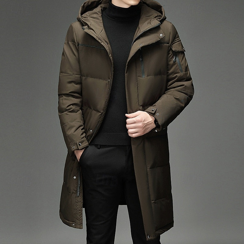 Men's Hooded Long Puffer Coat Winter Parka Zip-Up Jacket Brown