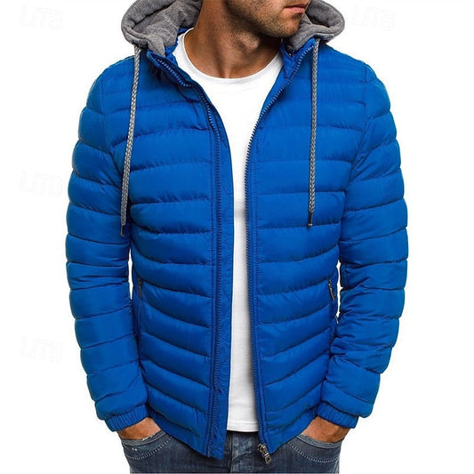 Men's Quilted Hooded Puffer Jacket - Casual Winter Coat Royal Blue