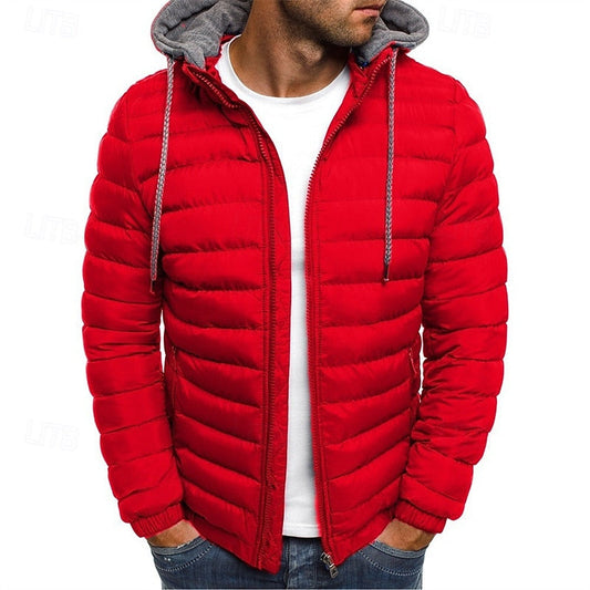 Men's Quilted Hooded Puffer Jacket - Casual Winter Coat Red