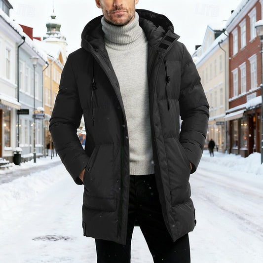 Men's Insulated Hooded Longline Winter Coat - Warm Casual Jacket
