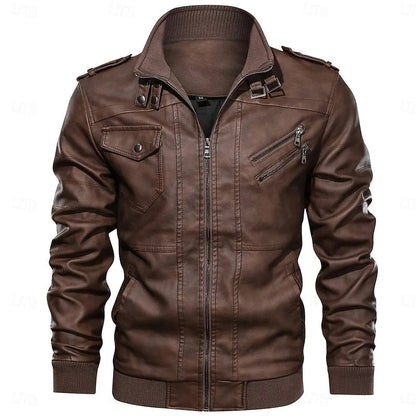 Men's Brown PU Leather Biker Jacket with Stand Collar – Casual Style