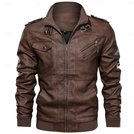 Men's Brown PU Leather Biker Jacket with Stand Collar – Casual Style
