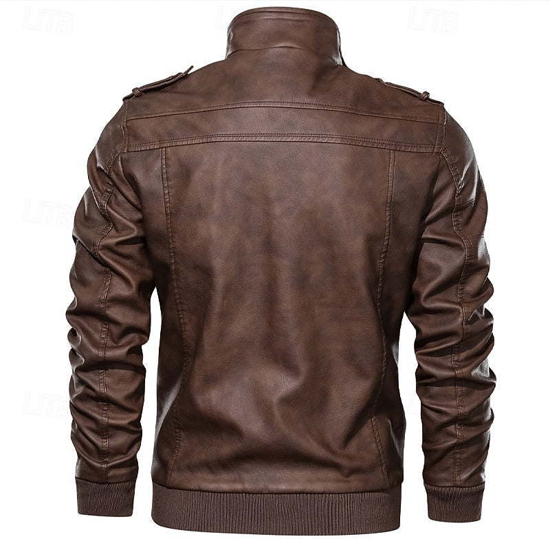 Men's Brown PU Leather Biker Jacket with Stand Collar – Casual Style