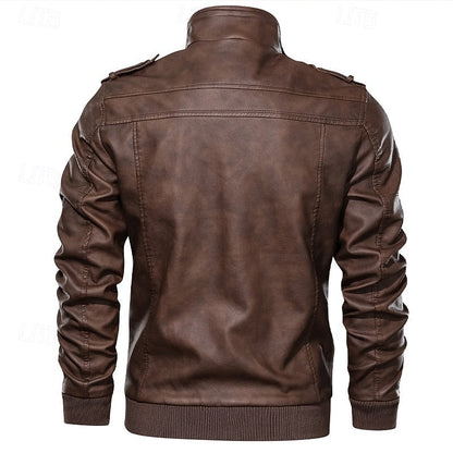 Men's Brown PU Leather Biker Jacket with Stand Collar – Casual Style