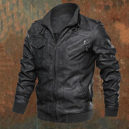 Men's Brown PU Leather Biker Jacket with Stand Collar – Casual Style Gray