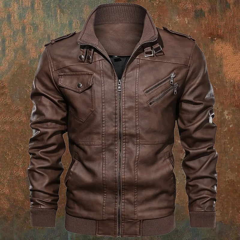 Men's Brown PU Leather Biker Jacket with Stand Collar – Casual Style Brown