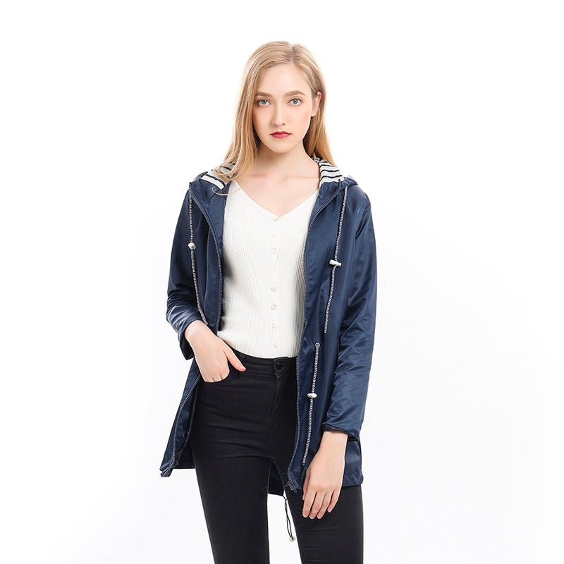 Women's Hooded Drawstring Zip-Up Utility Jacket with Full Front Zipper