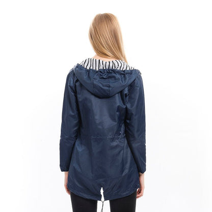 Women's Hooded Drawstring Zip-Up Utility Jacket with Full Front Zipper