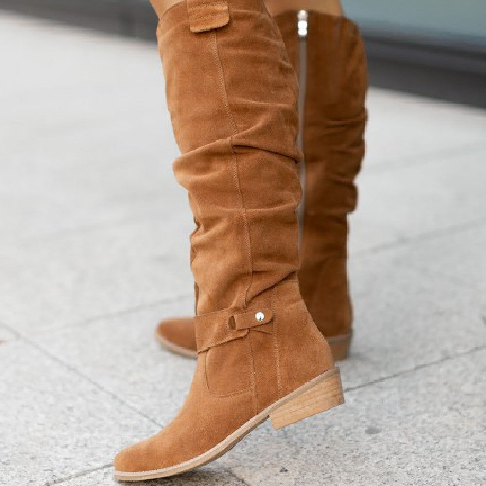Women's Elegant Knee High Low Heel Zip Boots for Daily Use 3 cm Brown