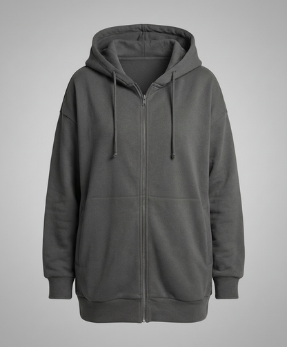 Women's Oversized Longline Zip-Up Hoodie with Ribbed Details