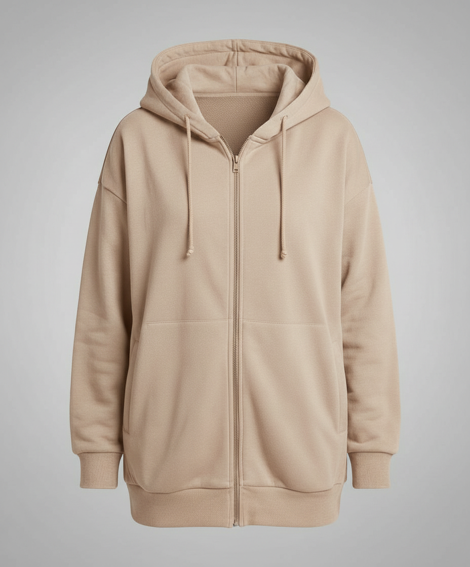 Women's Oversized Longline Zip-Up Hoodie with Ribbed Details Beige