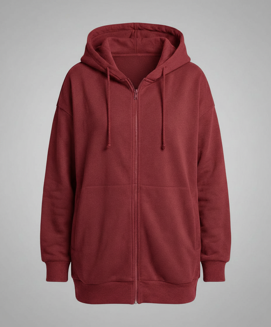 Women's Oversized Longline Zip-Up Hoodie with Ribbed Details Brick Red