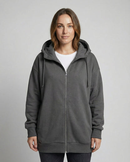 Women's Oversized Longline Zip-Up Hoodie with Ribbed Details Black