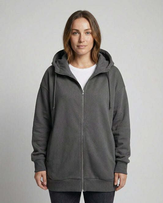 Women's Oversized Longline Zip-Up Hoodie with Ribbed Details Black