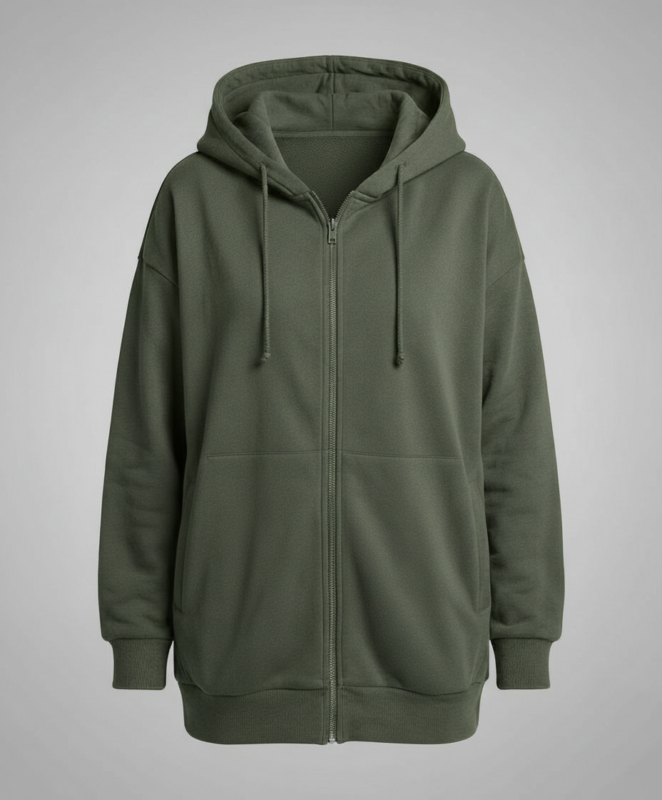 Women's Oversized Longline Zip-Up Hoodie with Ribbed Details Olive Green