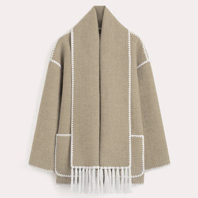 Women's Fringe Trim Open Front Sweater Cardigan with Open front Beige