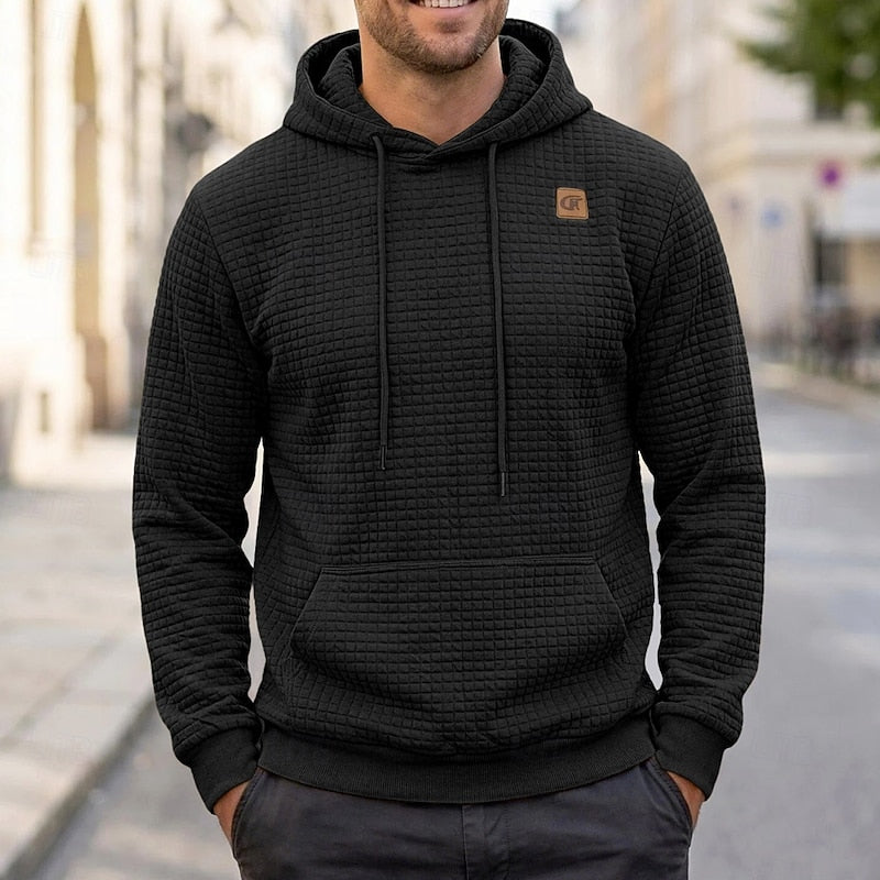 Men's Textured Hooded Sweatshirt for Fall and Winter Everyday Wear Black
