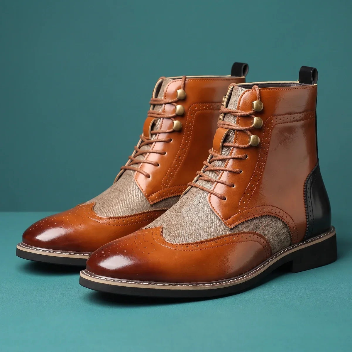 Men's Full Grain Wingtip Brogue Lace-Up Dress Boots for Daily Use Cognac