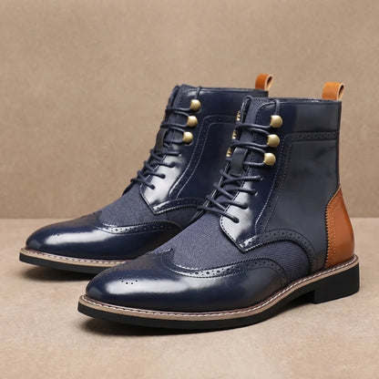 Men's Full Grain Wingtip Brogue Lace-Up Dress Boots for Daily Use Navy
