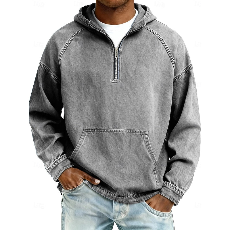 Men's Casual Washed Quarter-Zip Hoodie for Daily Use Warm Gray