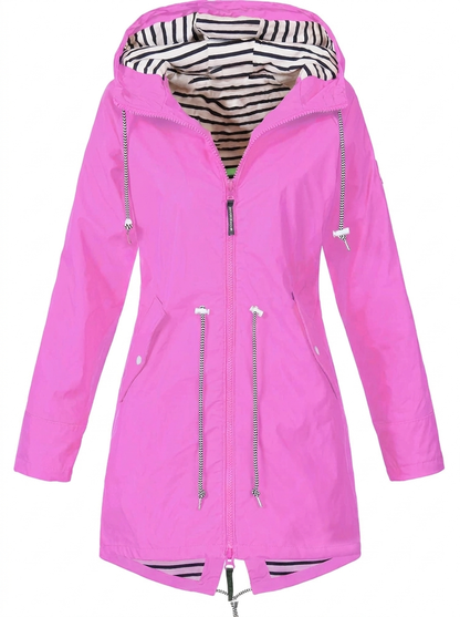 Women's Hooded Drawstring Zip-Up Utility Jacket with Full Front Zipper Pink