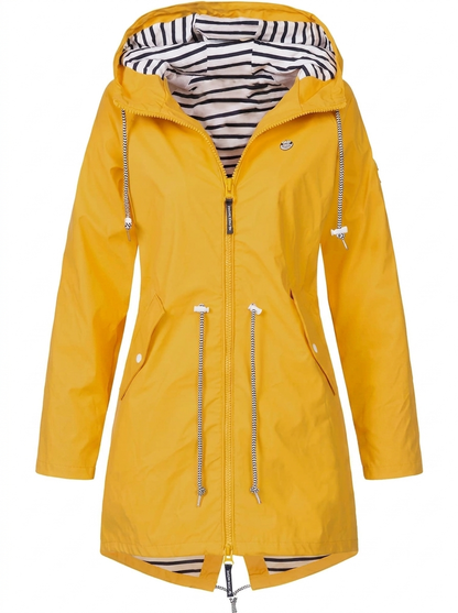 Women's Hooded Drawstring Zip-Up Utility Jacket with Full Front Zipper Yellow