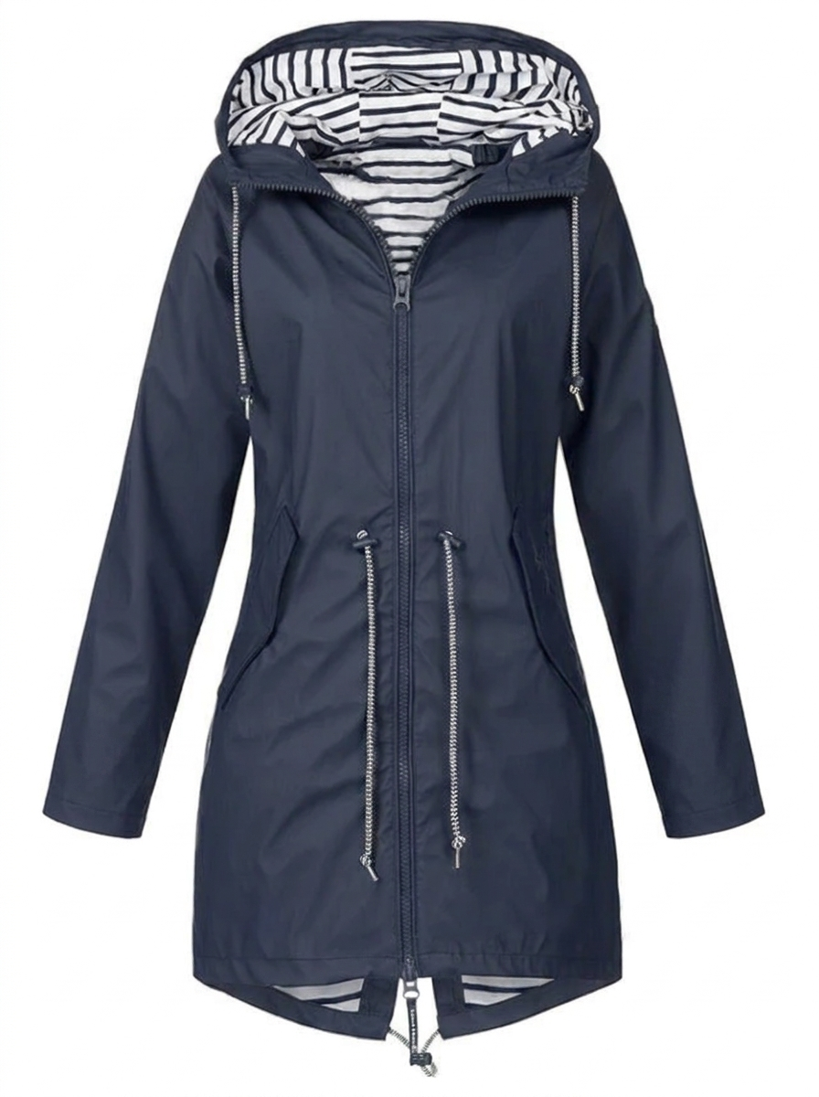 Women's Hooded Drawstring Zip-Up Utility Jacket with Full Front Zipper Blue