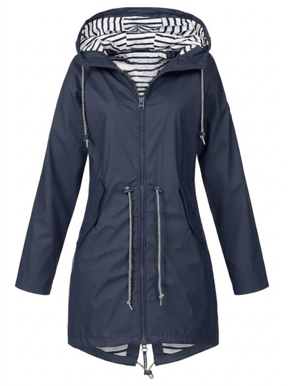Women's Hooded Drawstring Zip-Up Utility Jacket with Full Front Zipper Blue
