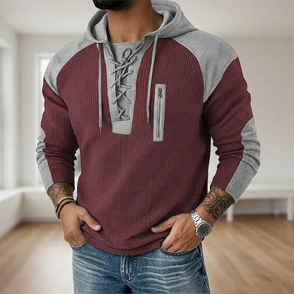 Men's Textured Lace-Up Sweatshirt for Fall and Winter Everyday Wear