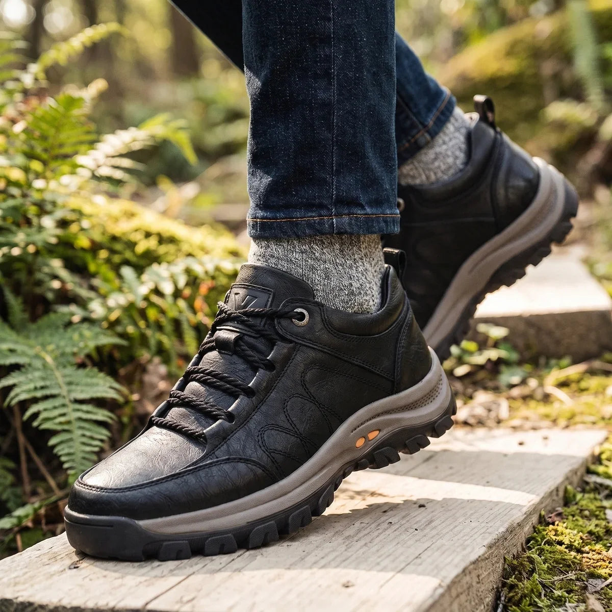 Men's Orthopedic Leather Hiking Shoes with Lug Sole for Daily Use Black