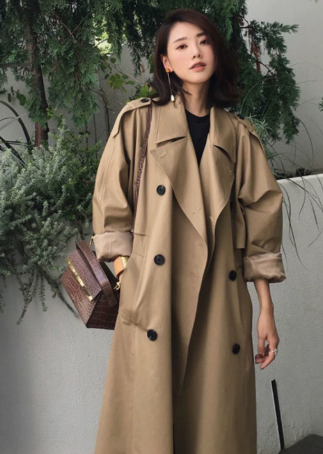 Women's Oversized Double-Breasted Trench Jacket for Daily Use Khaki