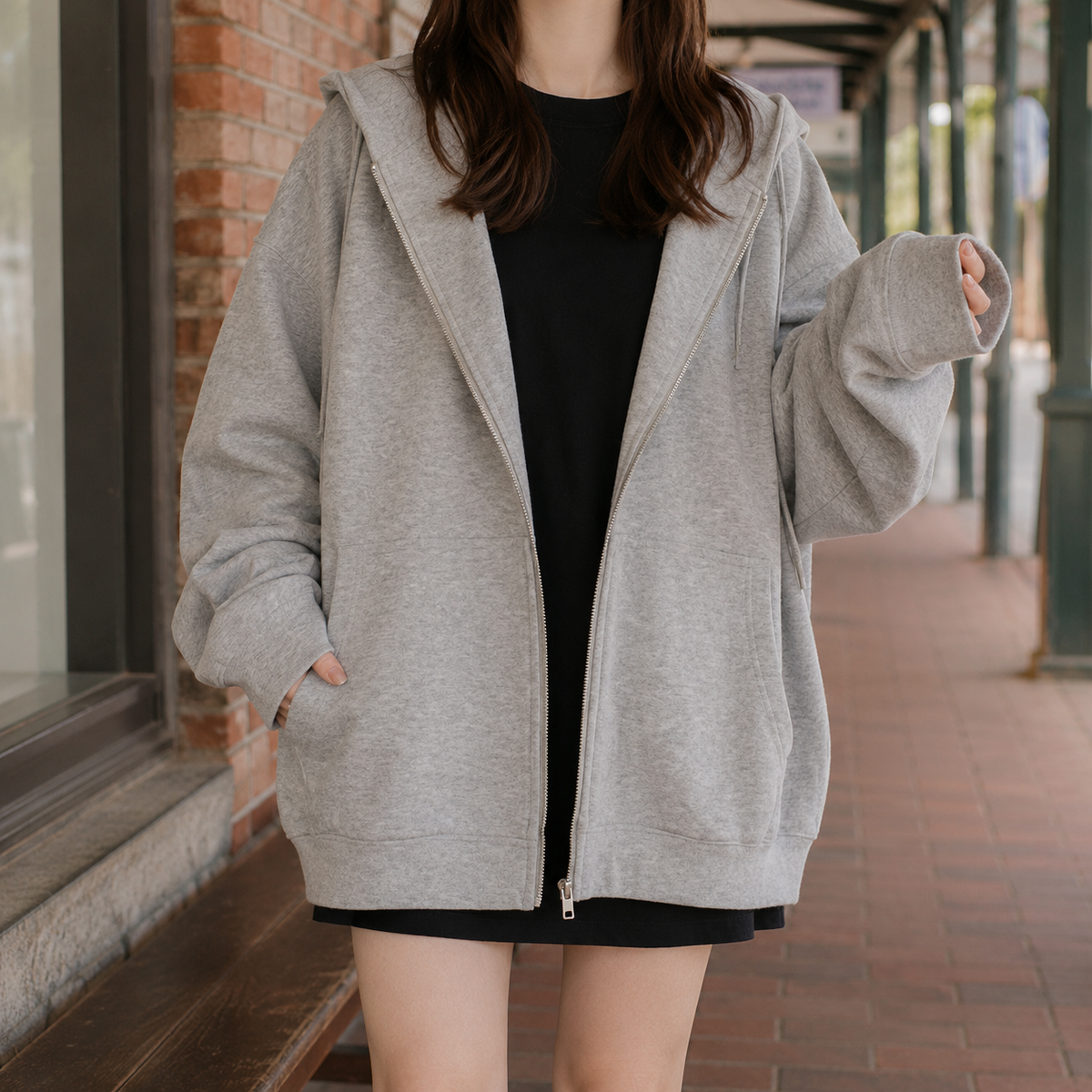 Women's Oversized Full-Zip Hoodie with Pockets for Daily Use Gray