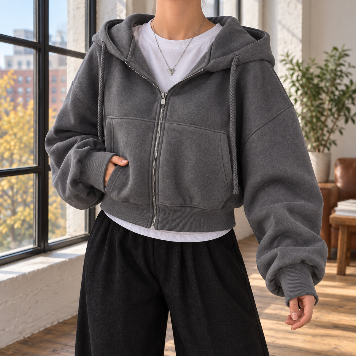 Women's Cropped Oversized Zip-Up Hoodie with Balloon Sleeves Dark Gray