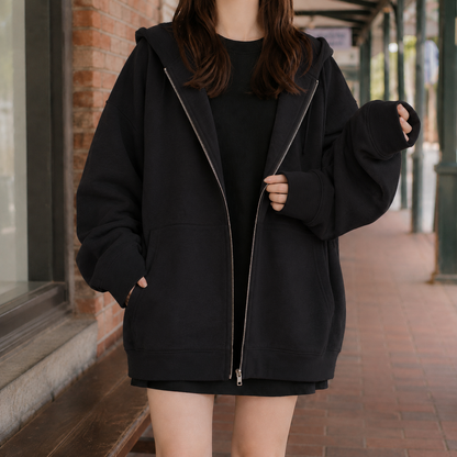 Women's Oversized Full-Zip Hoodie with Pockets for Daily Use Black