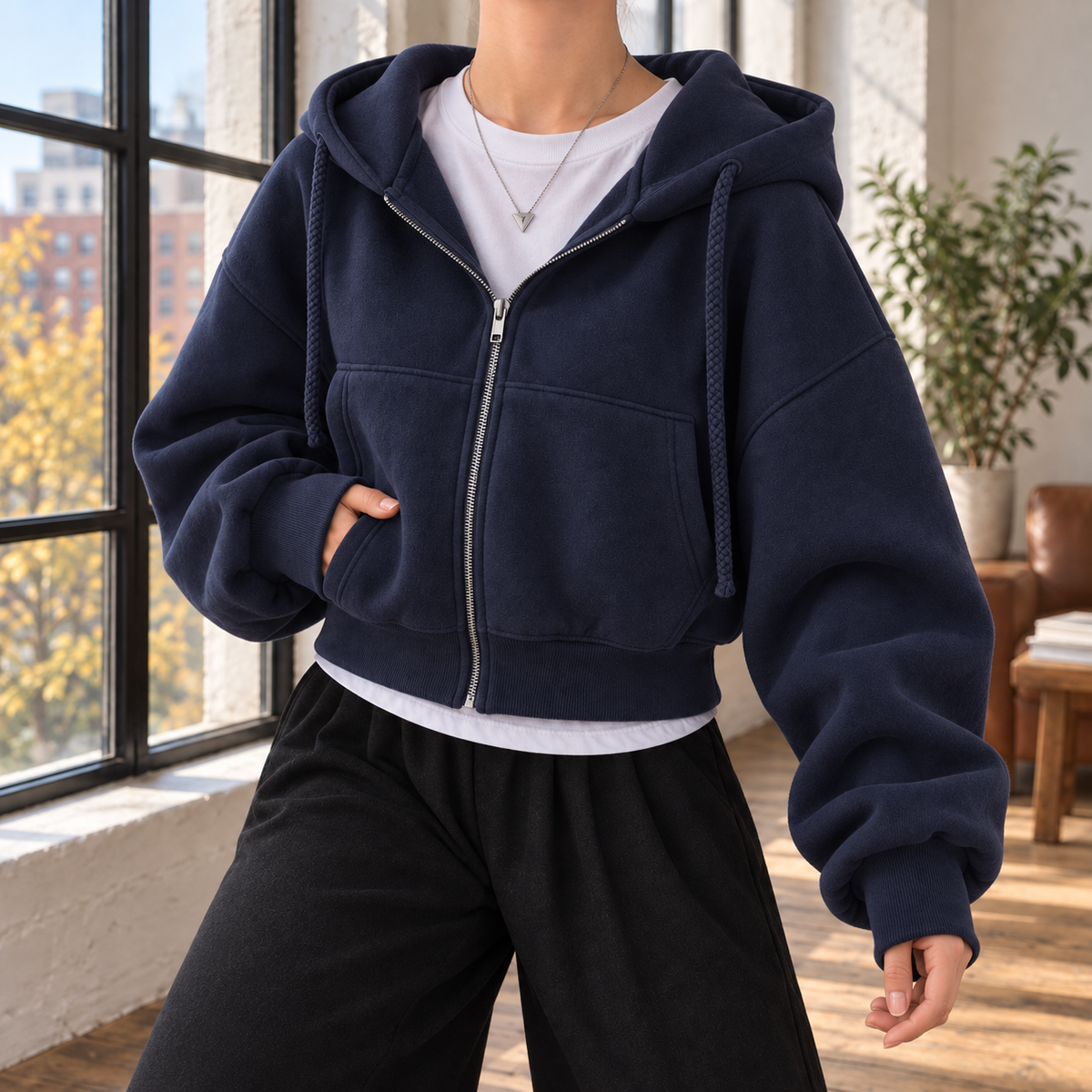 Women's Cropped Oversized Zip-Up Hoodie with Balloon Sleeves Navy Blue