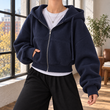 Women's Cropped Oversized Zip-Up Hoodie with Balloon Sleeves Navy Blue