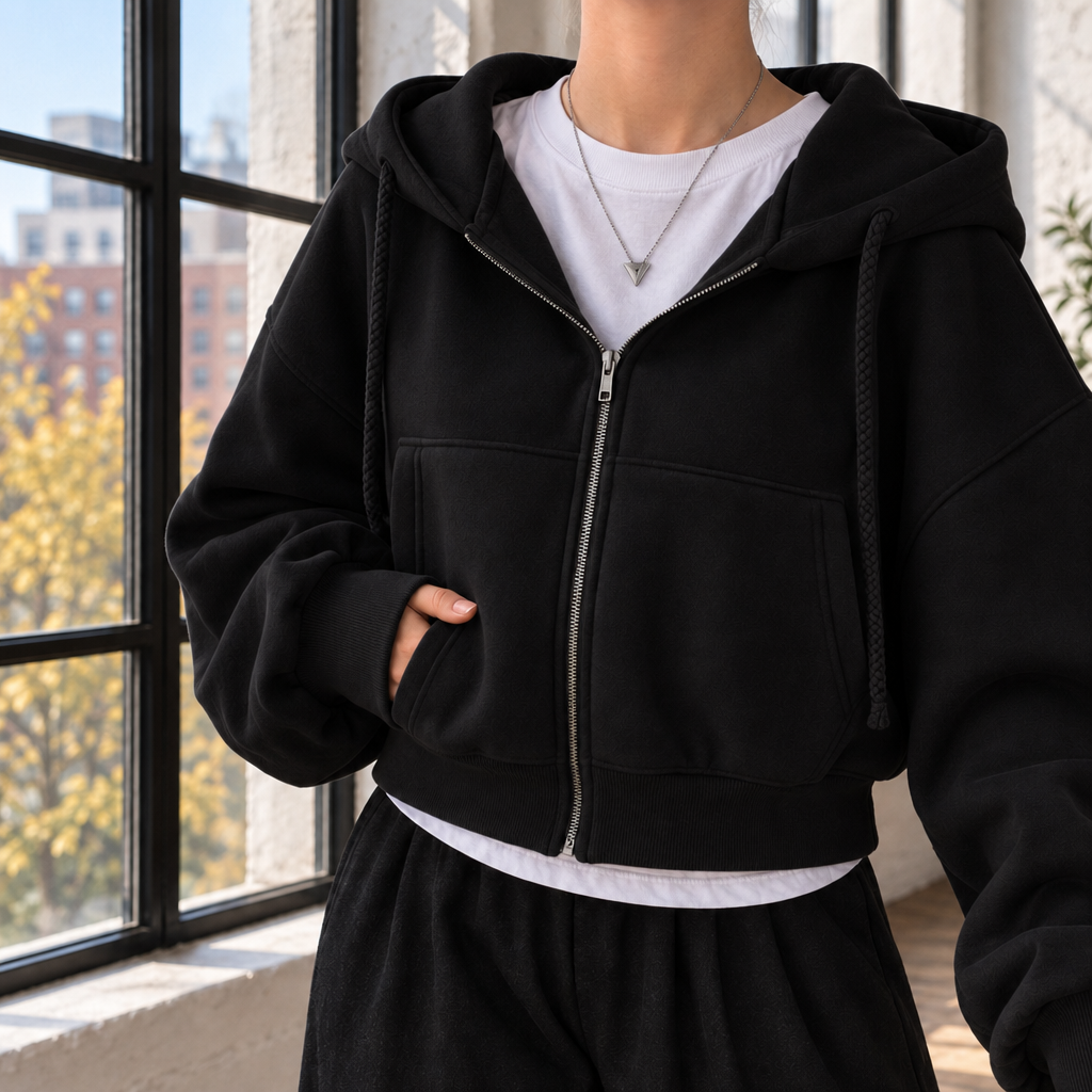 Women's Cropped Oversized Zip-Up Hoodie with Balloon Sleeves Black