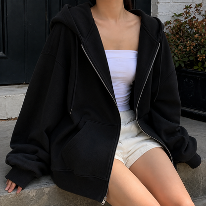 Women's Oversized Drop-Shoulder Zip-Up Hoodie with Pockets Black