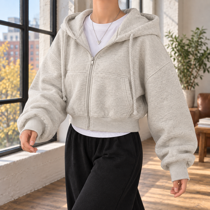 Women's Cropped Oversized Zip-Up Hoodie with Balloon Sleeves Gray Floral