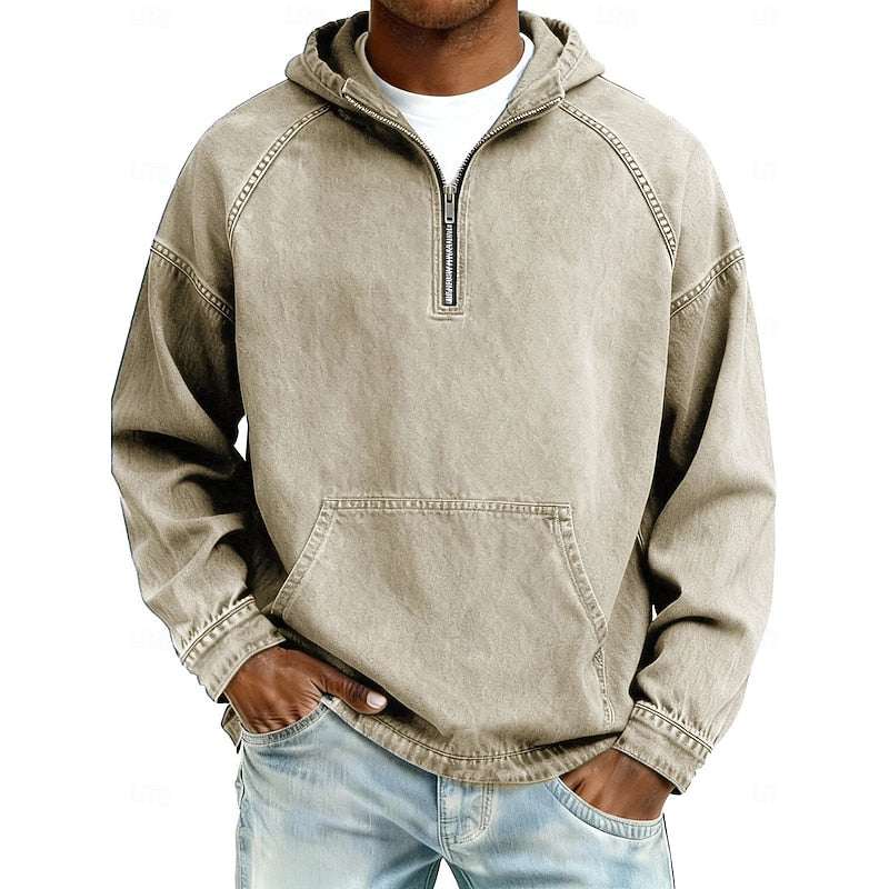 Men's Casual Washed Quarter-Zip Hoodie for Daily Use Warm