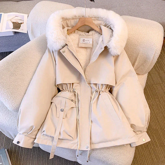 Women's Belted Puffer Winter Coat with Faux Fur Collar for Daily Use White